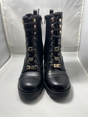 GBG Los Angeles Black Lace-Up Combat Boots with Gold Accents